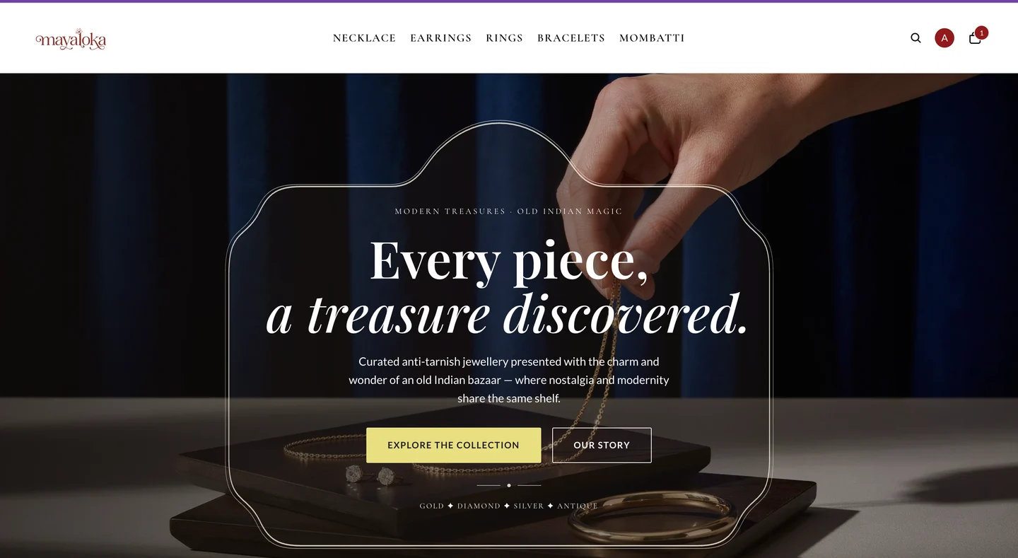 Mayaloka jewellery storefront with its collection hero