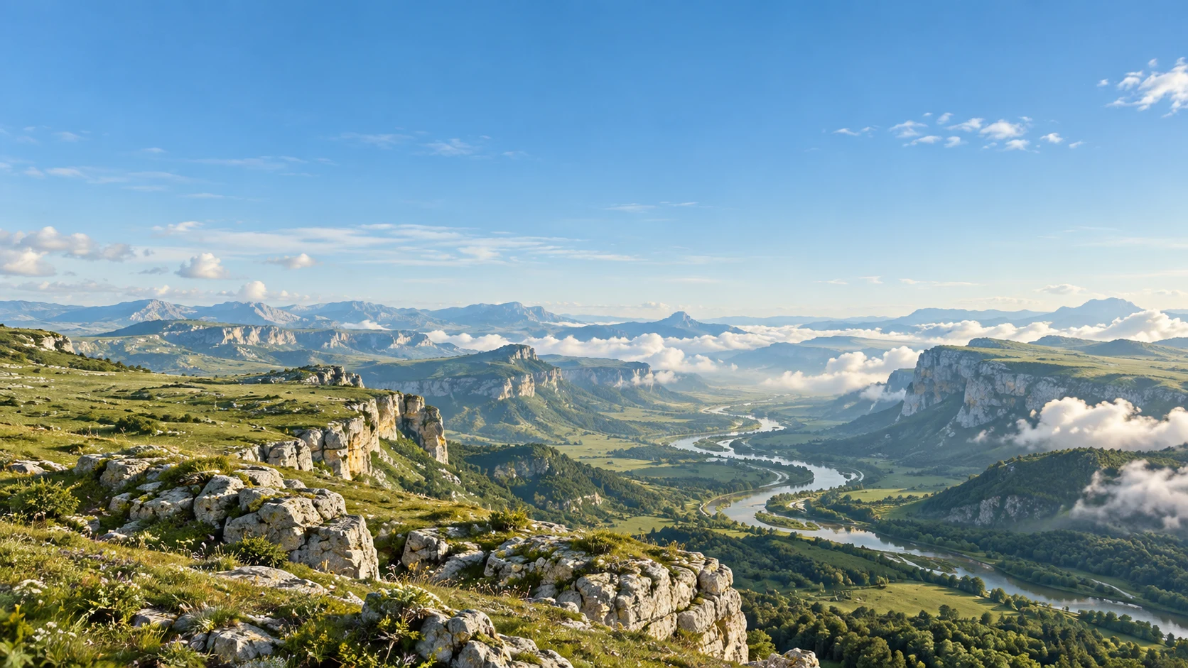 Green highlands, white clouds, and a winding river